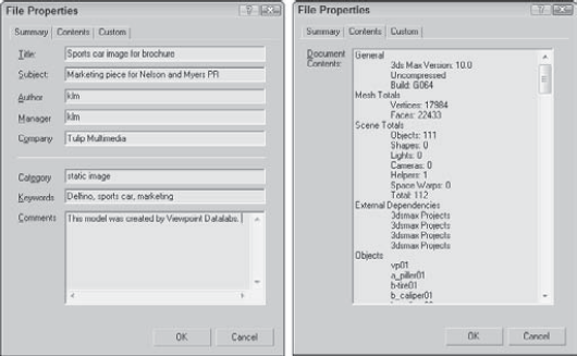 The File Properties dialog box contains workflow information such as the scene author, comments, and revision dates.