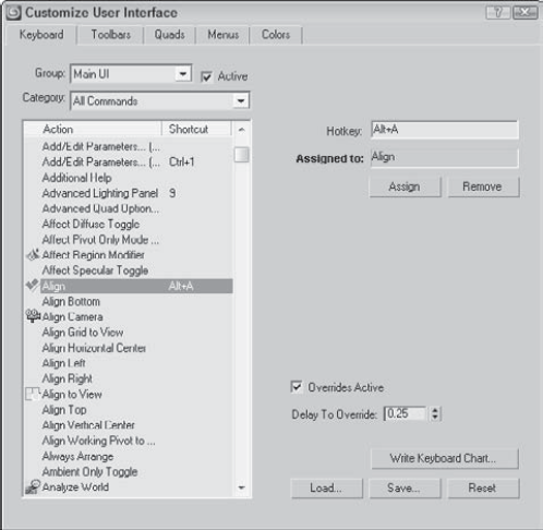 The Keyboard panel enables you to create keyboard shortcuts for any command.