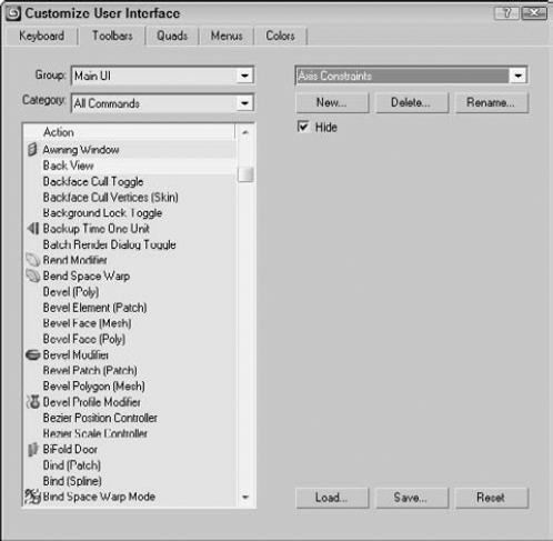 The Toolbars panel in the Customize User Interface dialog box enables you to create new toolbars.