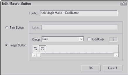 The Edit Macro Button dialog box with a custom icon group selected