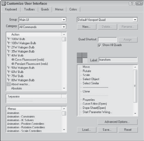 The Quads panel of the Customize User Interface dialog box lets you modify pop-up quadmenus.