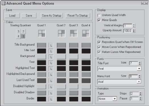 The Advanced Quad Menu Options dialog box lets you change quadmenu fonts and colors.