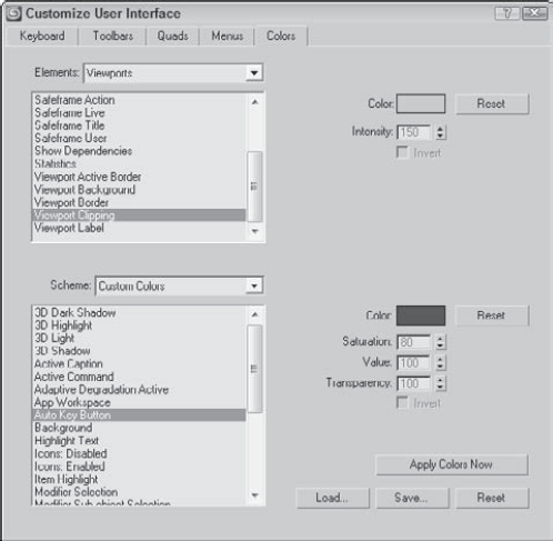 You can use the Colors panel of the Customize User Interface dialog box to set the colors used in the interface.