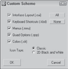 The Custom Scheme dialog box appears when you're saving a custom interface and lets you select which items to include.