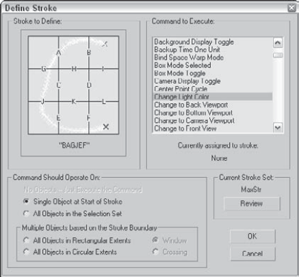 The Define Stroke dialog box lets you define specific command strokes that are executed by drawing the stroke with the middle mouse button.