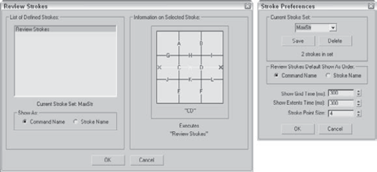 The Review Strokes and Stroke Preferences dialog boxes list all defined strokes and their respective commands.