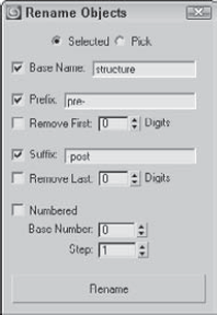 The Rename Objects dialog box can rename several objects at once.