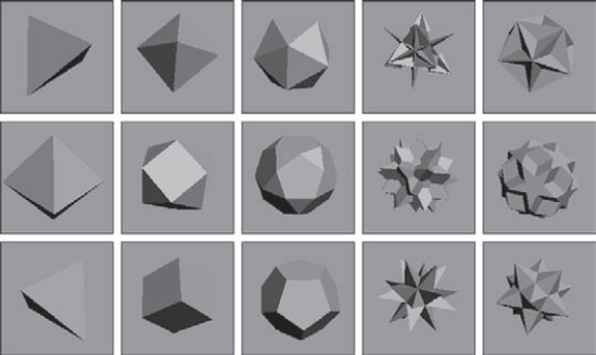 The Hedra Families with the standard shapes in the top and bottom rows and the intermediate shapes in the middle row