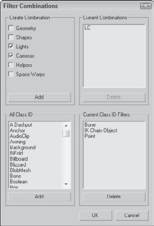 The Filter Combinations dialog box enables you to create a custom selection filter.