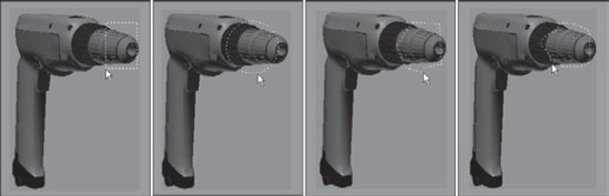 The drill's front is selected using the Rectangular, Circular, Fence, and Lasso selection methods.