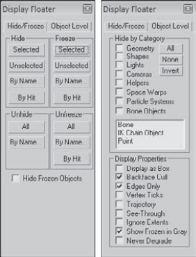 The Display Floater dialog box includes two panels: Hide/Freeze and Object Level.