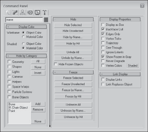 The Display panel includes many of the same features as the Display Floater and the Object Properties dialog box.