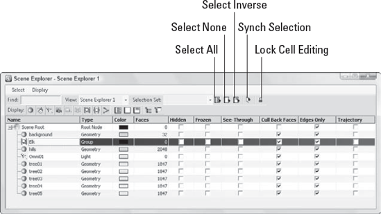 The Scene Explorer dialog box displays all scene objects and their display properties.