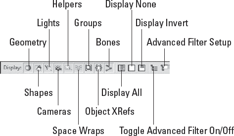 The Display toolbar in the Scene Explorer dialog box lets you filter the object types that are displayed.