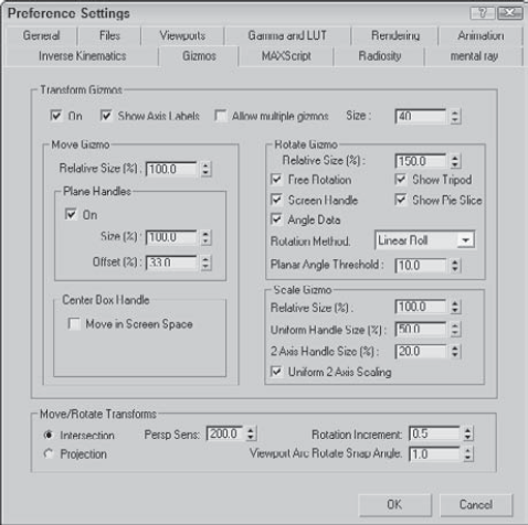 The Gizmos panel in the Preference Settings dialog box lets you control how the Transform Gizmos look.