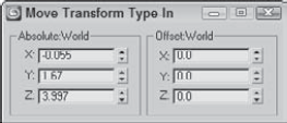 The Transform Type-In dialog box displays the current Absolute coordinates and Offset values.