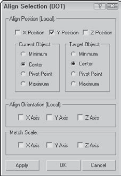 The Align Selection dialog box can align objects along any axes by their Minimum, Center, Pivot, or Maximum points.