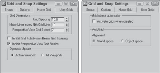 The Home Grid and User Grids panels of the Grid and Snap Settings dialog box let you define the grid spacing.