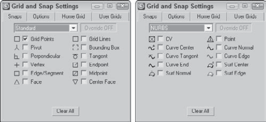 The Snaps panel includes many different points to snap to depending on the object type.