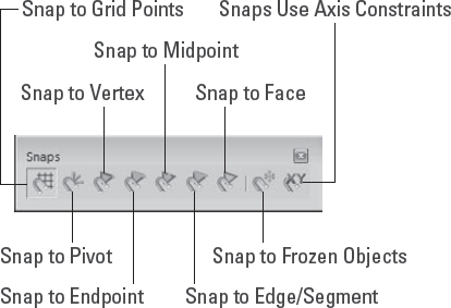 The Snaps toolbar provides a quick way to access several snap settings.