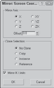 The Mirror dialog box can create an inverted clone of an object.