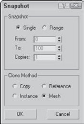 The Snapshot dialog box lets you clone a Copy, Instance, Reference, or Mesh.