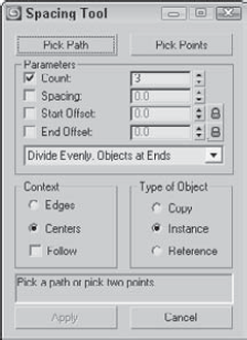 The Spacing Tool dialog box lets you select how to position clones along a path.