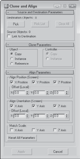 The Clone and Align dialog box lets you choose which objects mark the place where the source object should go.