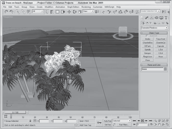 Using the Clone and Align dialog box, you can place these trees to match the stand-in objects' position and orientation.