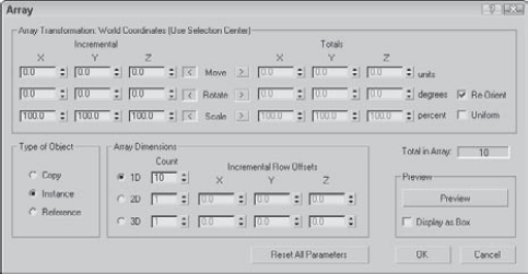 The Array dialog box defines the number of elements and transformation offsets in an array.