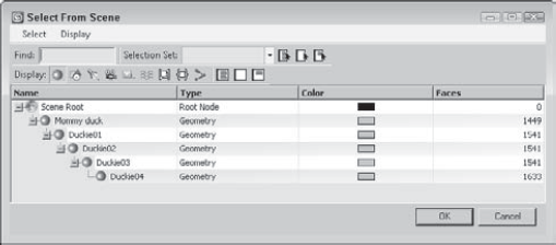 The Select From Scene dialog box indents all child objects under their parent.