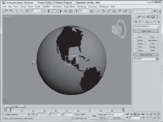 With a link to a dummy object, making the airplane circle the globe is easy.