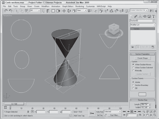 You can use the Section shape primitive to create the conic sections (circle, ellipse, parabola, hyperbola) from a set of 3D cones.