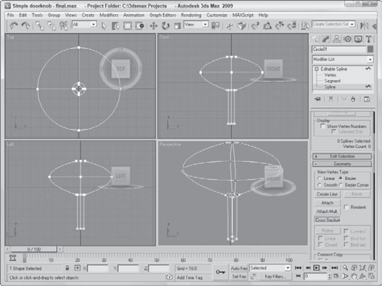 The Cross Section feature of Editable Splines can create splines that run between several cross-section shapes.