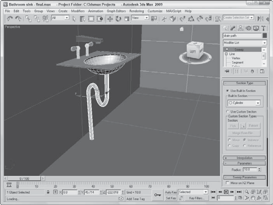 The resulting drain pipe was created using the Sweep modifier.