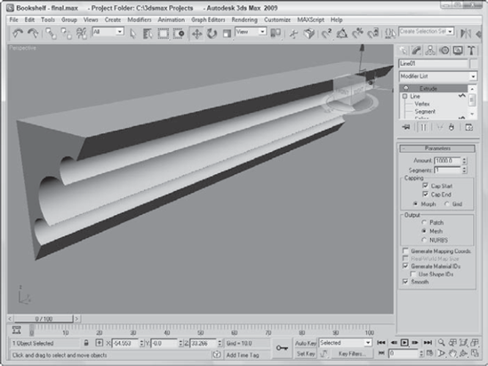 The finished bookshelf created with spline Boolean operations and the Extrude modifier