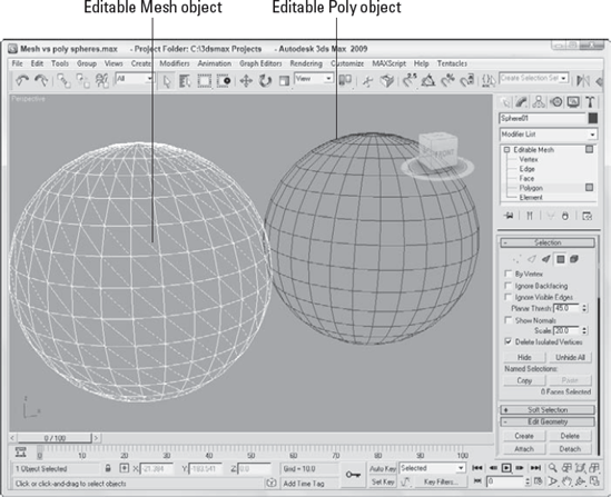 Editable Mesh objects have triangular faces; the Editable Poly object uses faces with four or more vertices.