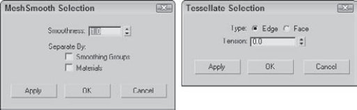 The Settings dialog boxes for the MSmooth and Tessellate buttons let you interactively set the Smoothness and Tension values.