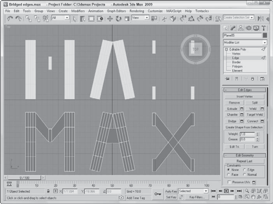 Selecting two opposite edges and clicking the Bridge button in Edge subobject mode creates new connecting polygons.