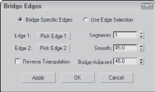 The Bridge dialog box lets you specify options such as the number of segments, the Taper, and whether the bridge twists.