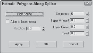 The Extrude Polygons Along Spline settings dialog box