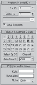 The Polygon Properties rollout includes settings for Material IDs, Smoothing Groups, and Vertex Colors.