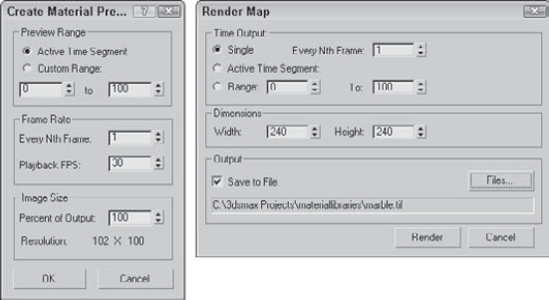 The Create Material Preview and Render Map dialog boxes offer two ways to render a material.