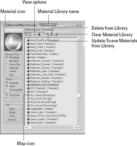 The Material/Map Browser lets you select new materials from a library of materials.