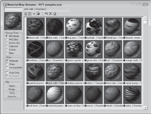 The Material/Map Browser also lets you work with saved custom material libraries.
