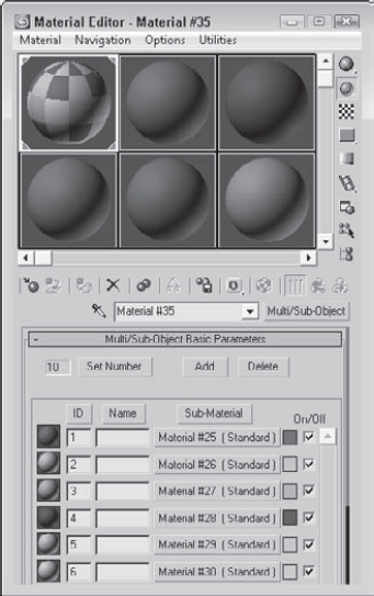 The Multi/Sub-Object material defines materials according to material IDs.