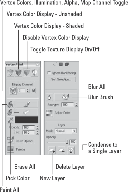 The Paintbox palette for the Vertex Paint modifier includes a wealth of features.