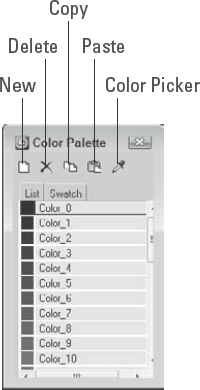 The Color Palette can display colors as a list or as swatches.