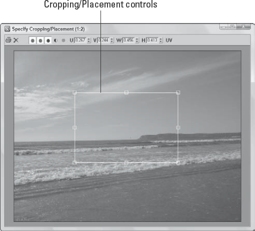 Viewing an image in the Cropping/Placement dialog box enables you to set the crop marks.