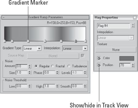 The Flag Properties dialog box enables you to specify a color and its position to use in the Gradient Ramp.